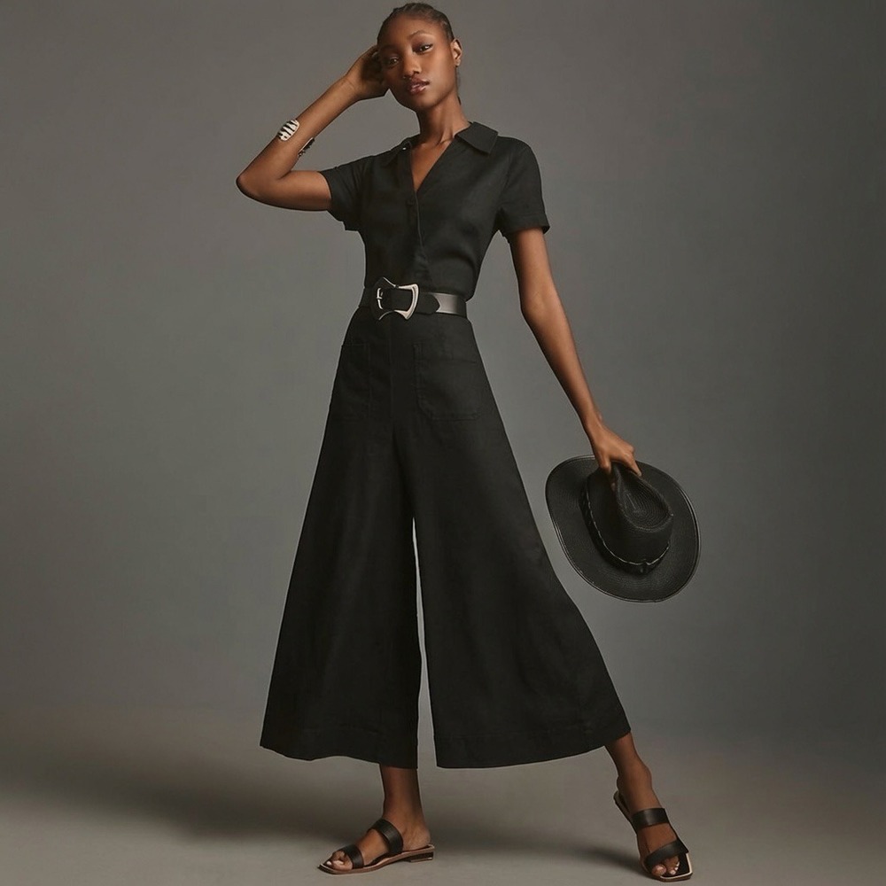 Maeve Black Short-Sleeve Wide-Leg Jumpsuit